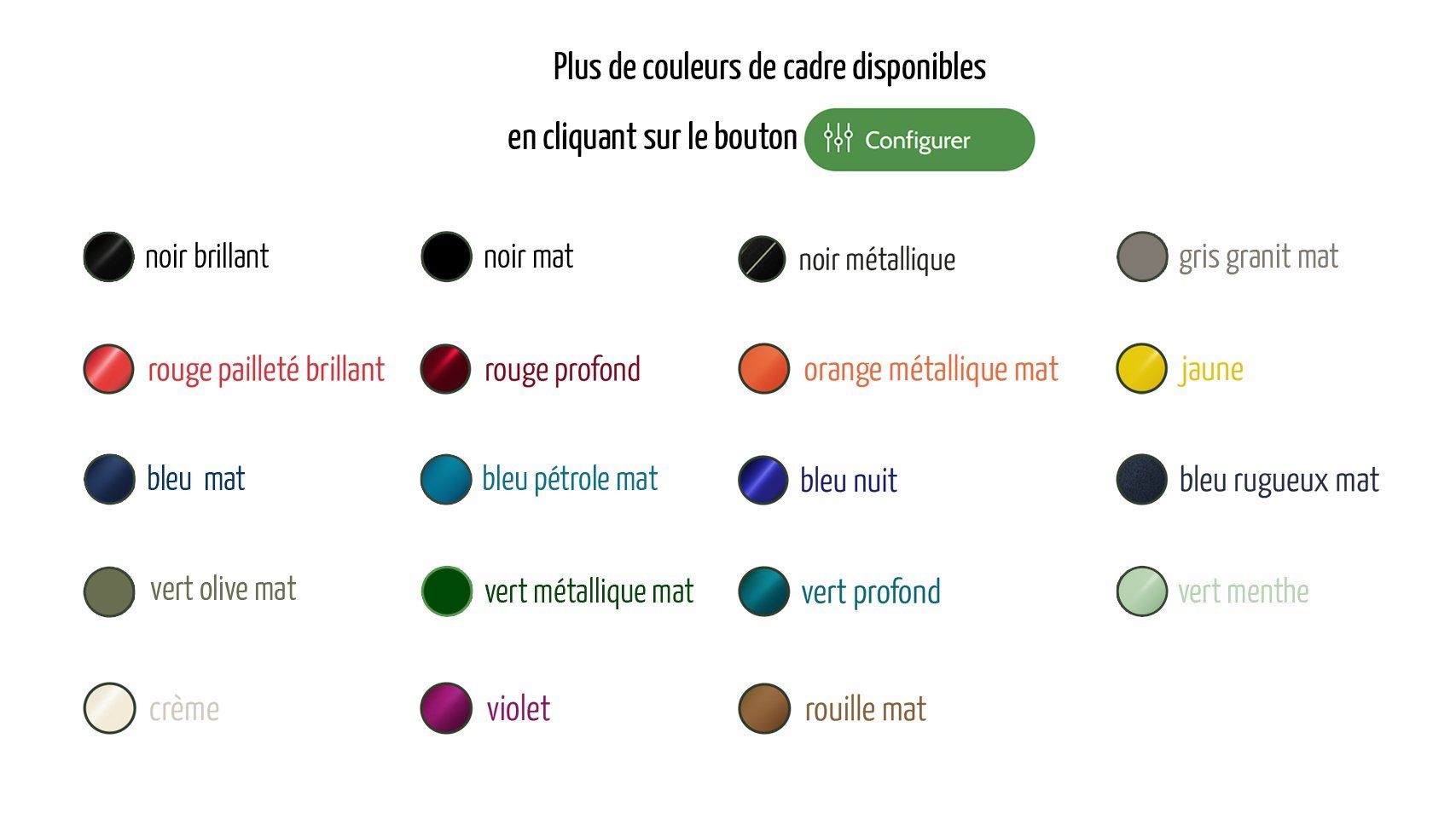 19 couleurs de cadre différentes à choisir dans le configurateur du vélo") associé à cette image précise