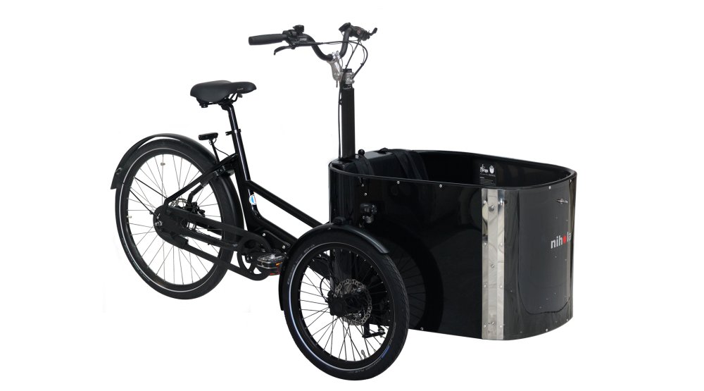 Triporteur NIHOLA CARGO Family avec assistance pédalier Shimano et fronton lexan transparent