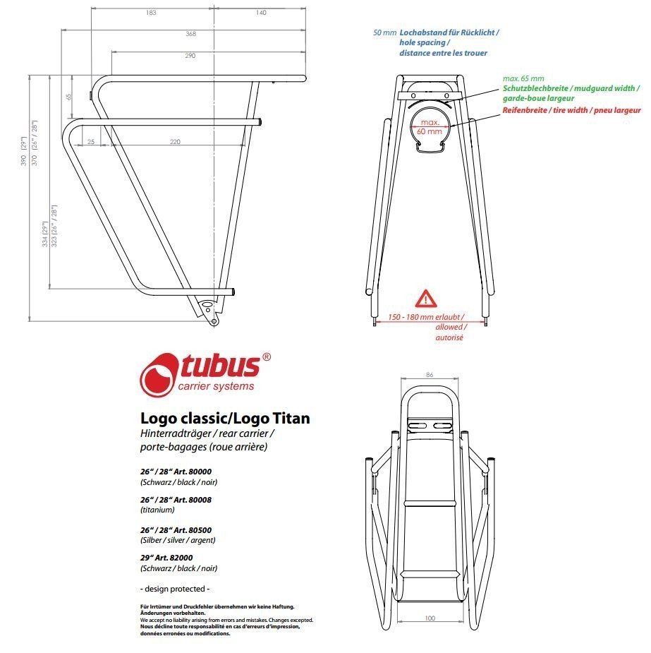 Porte-bagage  Tubus Logo argent 26-28  25 Kg